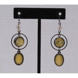 Vintage Dangle Silver Tone Yellow Earrings Boho Retro Kitschy Ethnic Folk Art